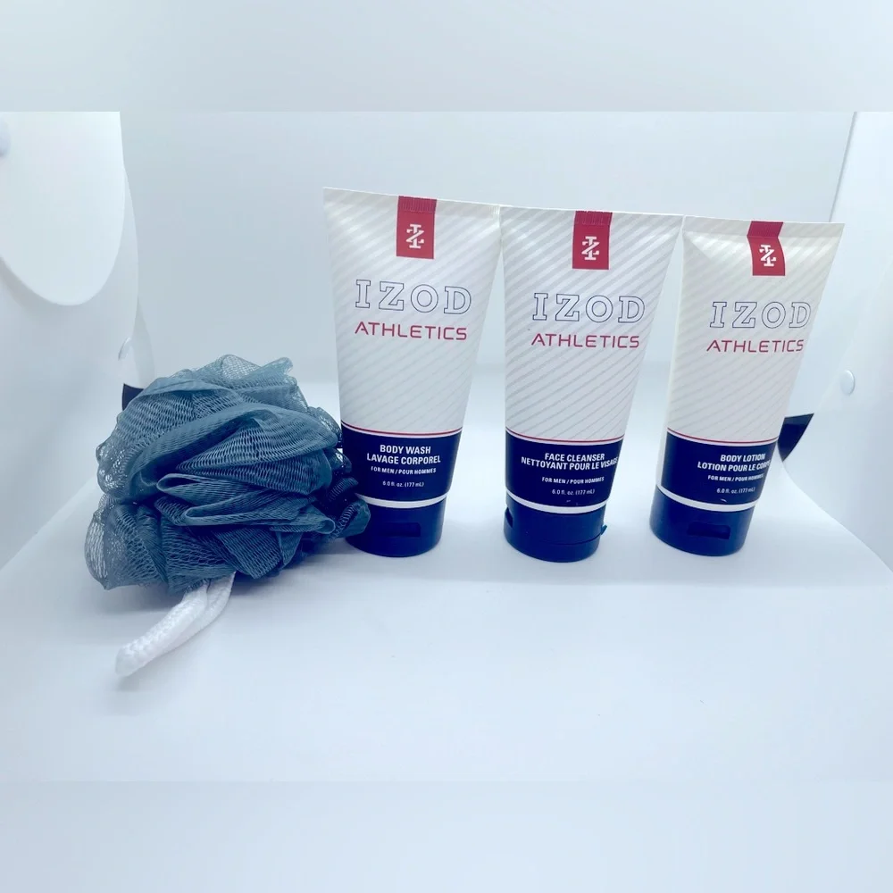 IZOD 4pc Kit Toiletry Set Travel Body Wash&Lotion,‎ Face Cleanser& Mesh Sponge.